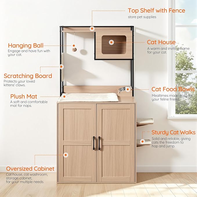 HOOBRO Cat Automatic Litter Box Enclosure Furniture, 30.5" L x 26.8" W x 61" H, Hidden Robotic Litter Box Cabinet, Dog-Proof Shelf with Charging Station, Scratching Mat, Bowls, Natural NL68UMZ03