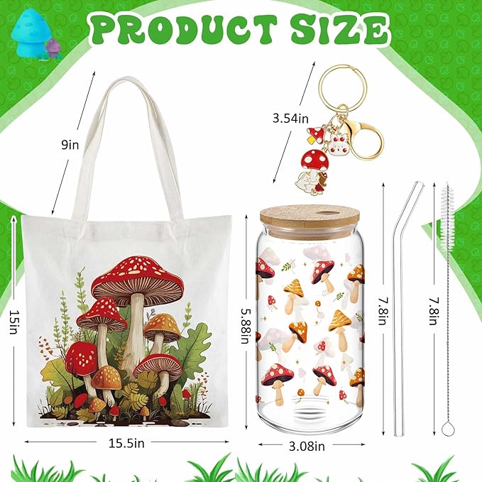 Paterr 4 Pcs Mushroom Gifts for Women Mushroom Lover Gift for Mother's Day Birthday Decorations, with Canvas Tote Bag 16oz Glass Coffee Cup with Straw Socks Cute Keychain