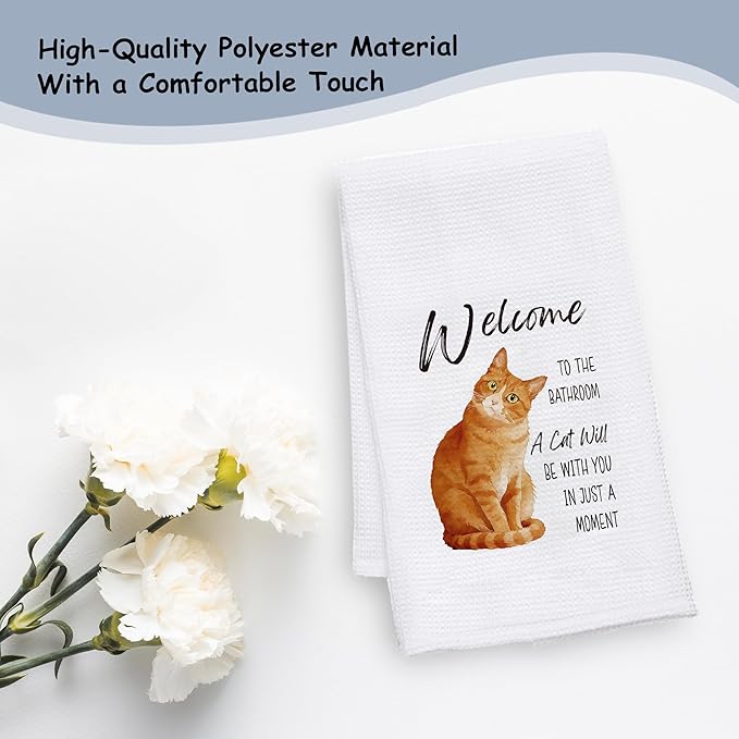 Funny Orange Tabby Cat Bathroom Hand Towels, Cat Lovers Mom Dad Lady Gifts, Welcome to The Bathroom Orange Kitten Decorative Hand Towels for Washroom Restroom, 16x24 Inch
