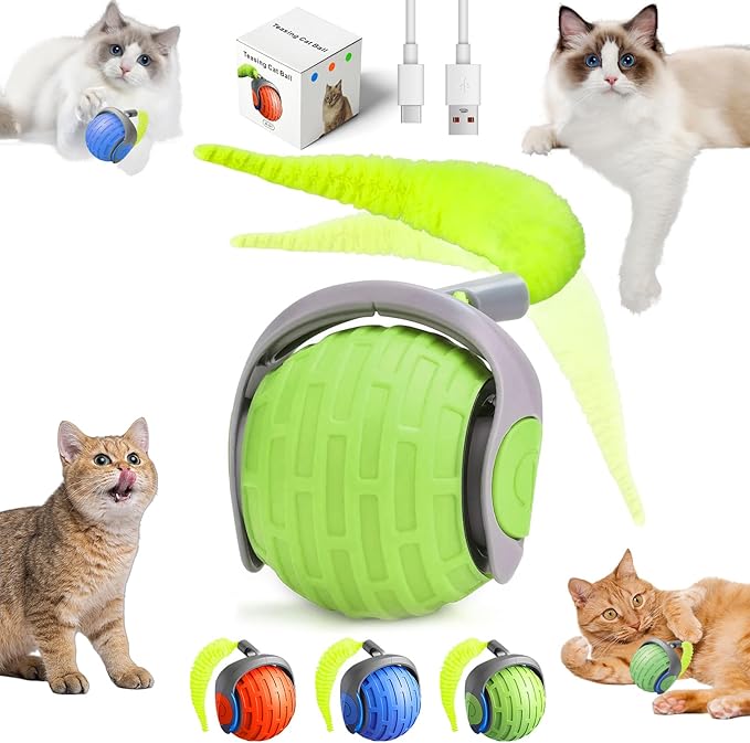 2025 New Interactive Cat Ball Toy for Indoor Cats Rotating Ball Toys,Automatic Moving for Bored Indoor Kitten,360°Automatic Rolling Balls Toy Electric Dogs Cat Balls(Green)