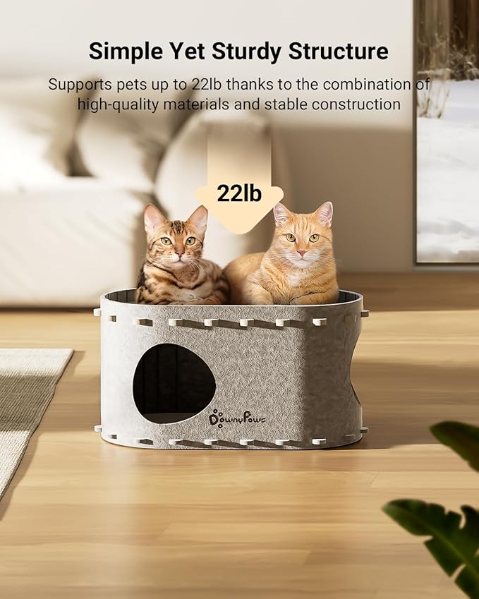 DownyPaws Cat House for Indoor Cats, Cat Bed Cave for Multiple & Large Cats Up to 22 Lbs, Scratch Resistant, Foldable Peekaboo Kitten Caves Tunnel Enclosed Bed, PeekaPurr, Light Gray