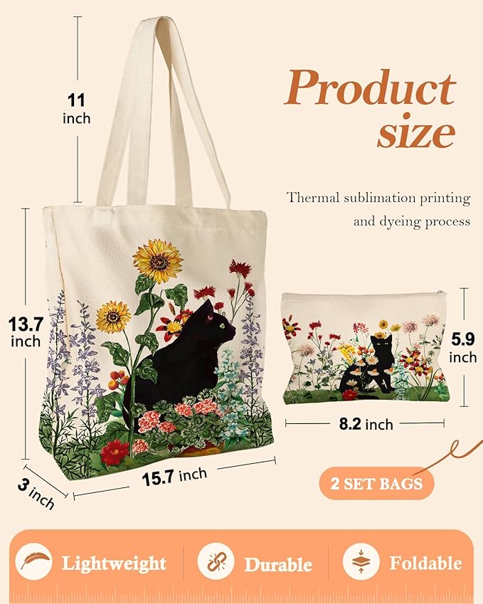 Miss Adola Aesthetic 2 Pack Canvas Tote Bag - with Makeup Zipper Pouch for Women Bag for Shopping, Gym, Travel, Vacation