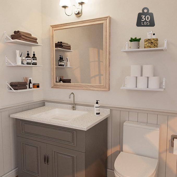 COCOYA Wall Shelves 7.3" Deep Set of 2, Solid Paulownia Wood Wider Longer Sturdy Easy to Install Wall Mounted Bookshelves Storage Shelves Bathroom Storage Office Laundry Room Bedroom Organizer White