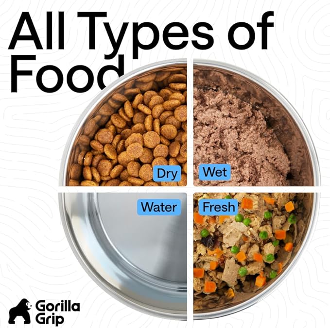 GORILLA GRIP Dog Bowls, Food Grade 304 Stainless Steel, Holds 4 Cups Each (32 fl oz) Food and Water Bowl for Feeding Dogs and Cats, Dishwasher Safe, Rust Resistant, BPA Free Rubber Base Set of 2 Blue
