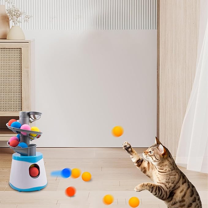 Automatic Cat Toy Ball Launcher with 16 EVA Bouncy Balls, Interactive Toys for Indoor Fetch Toy Machine for Playing Training