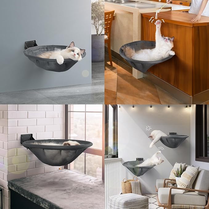 JUNSPOW Cat Hammock Wall Mounted, Foldable & Stable Cat Beds- Breathable Cat Wall Shelves for Sleeping, Playing, Climbing, and Lounging - Maximum Hold Up to 30lb (Gray)