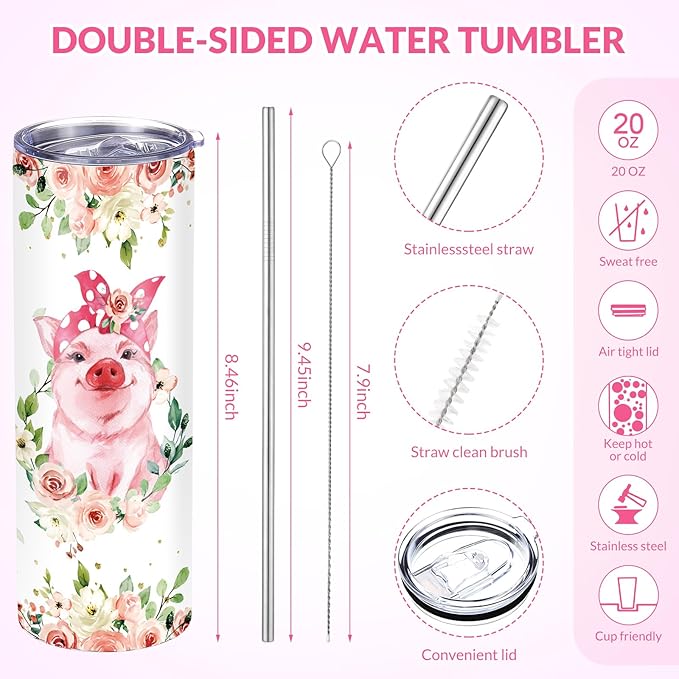 Funnymoom 2 Pack Cute Pig Gifts Set Skinny Tumbler 20 oz Travel Coffee Mug Novelty Cute Animals Socks, Christmas Birthday Party Gifts for Little Pig Themed