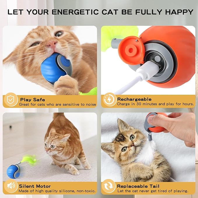 2PCS Speedy Tail 2.0 Cat Toy, Interactive Cat Toys for Bored Indoor Automatic Turbo Toys Rolling Ball 2.0, Smart Electric Self Moving Toy, Two Speed Adjustment, USB Rechargeable (Mix)