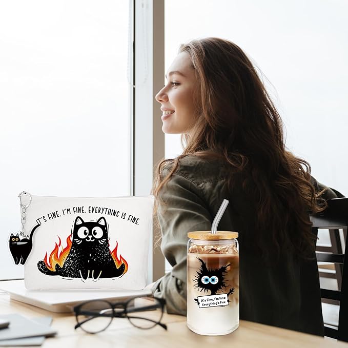 Hushee 3 Pcs Cat Lover Gifts for Women Gifts Everything Is Fine Makeup Bag and Glass Cup with Lid Straw Keychain for Mother Day Friends Mom Coworker Favors