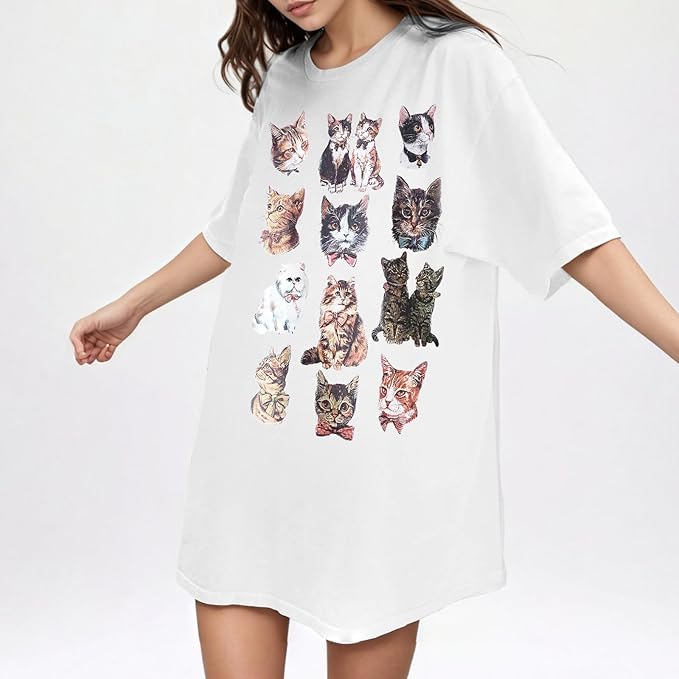 Oversized Cat Shirt Cute Graphic Tees for Women Y2k Funny Tshirts Baggy Aesthetic Shirts Cat Lover Gifts Kawaii Tops