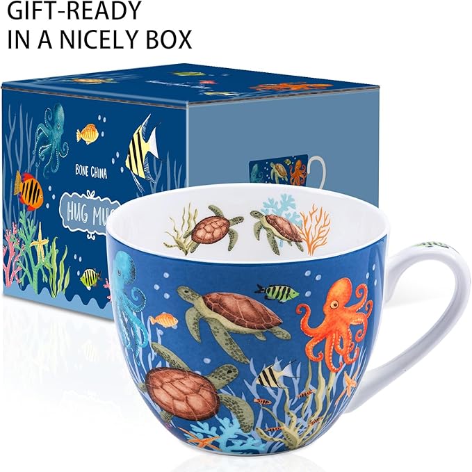 Summer Ocean Wonders Hug Mug - 20oz Deep Blue Bone China Coffee Mug with Sea Turtle, Octopus and Tropical Fish, Marine Life Themed Gift for Ocean Lovers, Designed in England by Harvest Green Studio