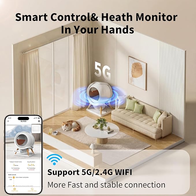 HoneyGuaridan Self Cleaning Cat Litter Box,IPX5 Waterproof Automatic Cat Litter Box,5G WiFi App Control, Odourless, Integrated Safety Protection, Water Rinsable and Easy to Clean, for Multiple Cats