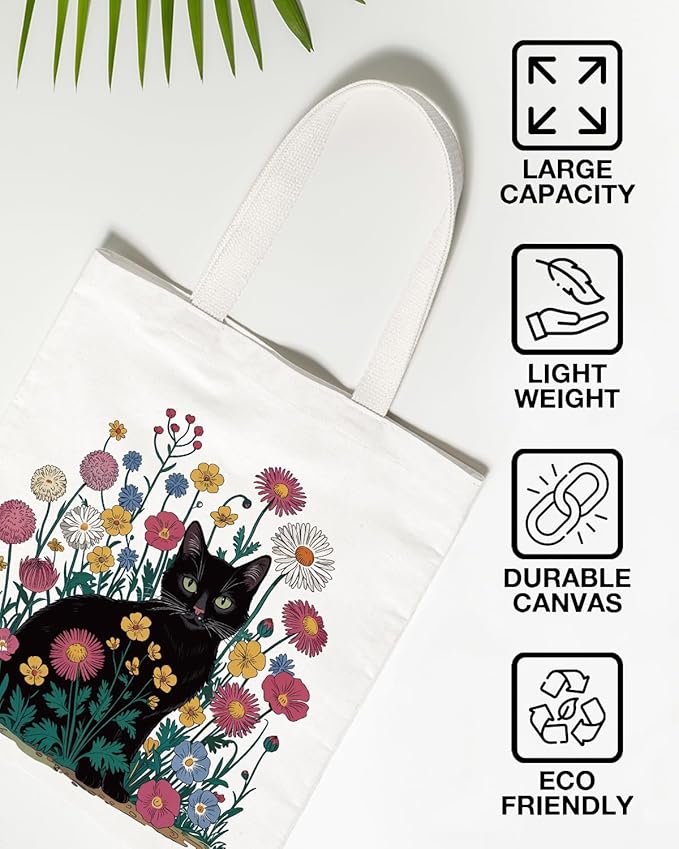 Cute Cat Canvas Tote Bag for Women Funny Cat Bag for Shopping Work Travel Lover Totes Gifts