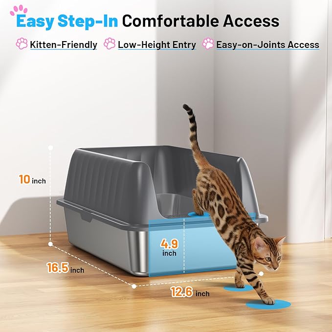 Stainless Steel Litter Box Enclosed Cat Litter Box with High Sided Lid Odor Control Non-Stick Easy Clean Low Entry Anti-Tracking Litter Box for Kittens & Small Cats