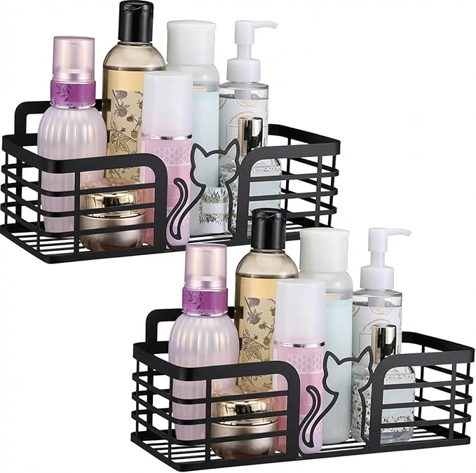 2 Pack Shower Caddy with Cat Black Metal Adhesive Shower Shelves Organizer Decorative Wall Mounted No Drilling Storage Shelf for Bathroom, Kitchen, Bedroom, Cats Lover Gifts