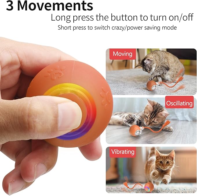 Interactive Cat Toys, Automatic Moving Cat Toys for Bored Indoor Adult Cats, Fast Rolling, Chirping & Motion-Activated Kitty Toys, Fun Gift for Cats with Speedy Tail 2.0, USB Rechargeable (Orange)