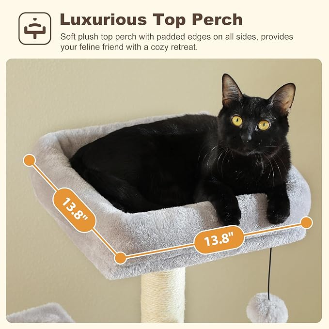 MUTTROS 62-Inch Cat Tree for Indoor Cats, Large Cat Tower with Scratching Posts for Large Cats, 2 Bigger Plush Condos, Padded Platform, Soft Cat Bed and Scratching Pad, 2 Pompoms, Gray