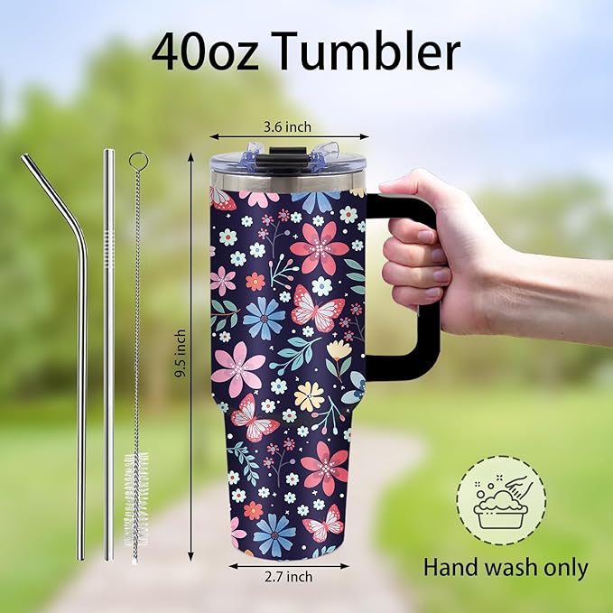 Gifts for Women - Floral Tumbler 40oz with Handle and Straws, Leak-proof, Stainless Steel Insulated Travel Coffee Mugs for Flower Themed Cups, Female Birthday Christmas Gifts