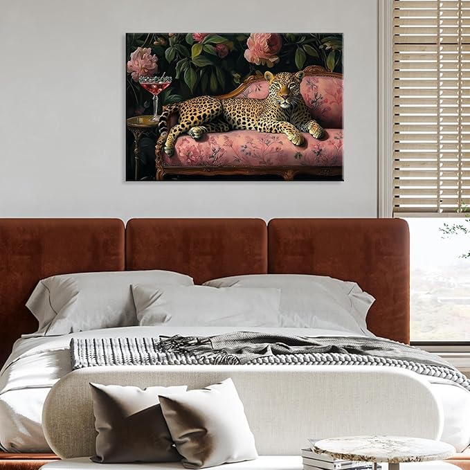Leopard With Martini Wrapped Framed Print Poster Whimsical Animal Art Bar Cart Decor Wall Art Room Decor Aesthetics Ready To Hang 16X24 inch