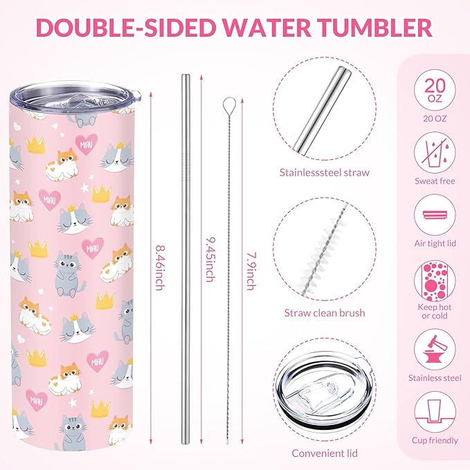 Funnymoom 2 Pack Cute Cat Gifts Set Skinny Tumbler 20 oz Travel Coffee Mug Novelty Cute Animals Socks, Christmas Birthday Party Gifts for Cat Themed