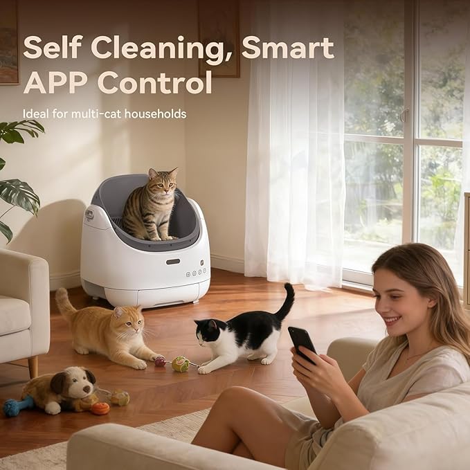 Self Cleaning Litter Box: Open Top Automatic Litter Box with Cat Proximity Sensing Anti-Pinch, Large Auto Robot for Multiple Cats, Including Litter Mat Waste Bag