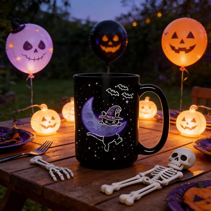Halloween Witchy Black Cat Coffee Mug, 15oz Gothic Novelty Ceramic Cup, Celestial Moon & Star Spooky Design, Ideal for Hot & Cold Drinks, Cat Lover Gift, Goth Home Decor, Fun Gift for Women & Men