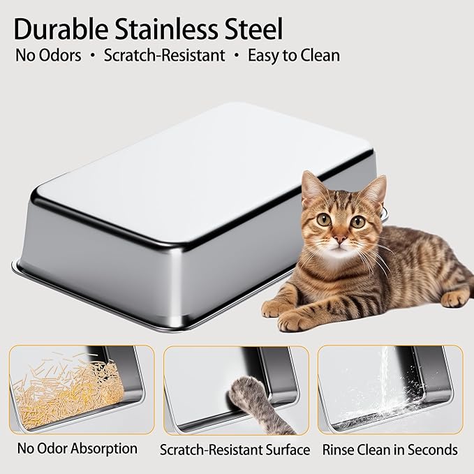XL Stainless Steel Cat Litter Box with ABS Enclosed Lid, 180° Flip-Top Design, High Sided Leak-Proof Pan, Charcoal Odor Control Filter, Easy Clean for Large & Multi-Cat Homes