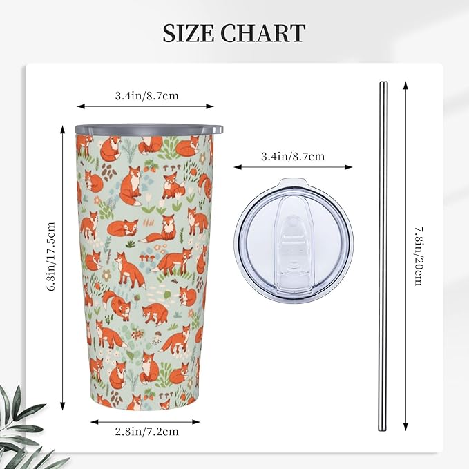 Fox Tumbler 20oz Cute Foxes Stainless Steel Insulated Tumblers with Lid and Straw Animal Travel Coffee Mug Tea Wine Cups Water Bottle Fox Gifts for Women