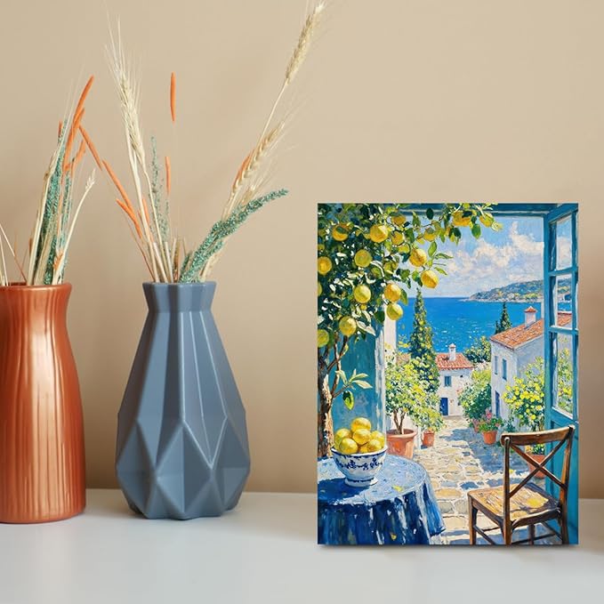 Italy Coast Wall Art, Nature Landscape Watercolor Painting Framed Canvas Print Modern Home Decor, Summer Aesthetic Italian Lemon Prints for Living Room Kitchen Farmhouse Decorations 15x11.4 inch