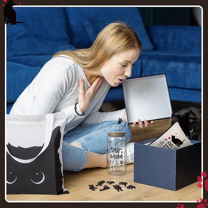 Cat Mom Gifts for Women,Black Cat Themed Gift Set with Glass,Canvas Tote Bag,Makeup Bag,Keychain,Bracelet and Magnetic Bookmarks,Unique Cat Lover Gift Box for Mother’s Day