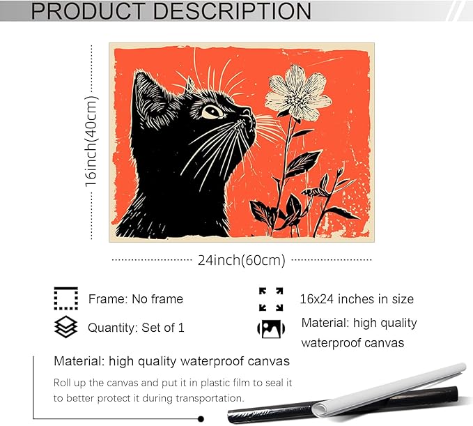 OMANI Black Cat Posters Vintage Animal Botanical Wall Art Cute Cat Sniffing Flower Canvas Painting Gift For Cat Lover Living Room Gallery Wall Decor 16x24 inch Unframed