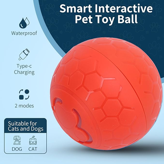 Interactive Dog Ball, Automatic Rolling Ball Toy for Dogs Cats with Intelligent Playtime, Bite, Portable Fun, Health Promotion, Boredom Relief, for Small Medium Large (Orange)