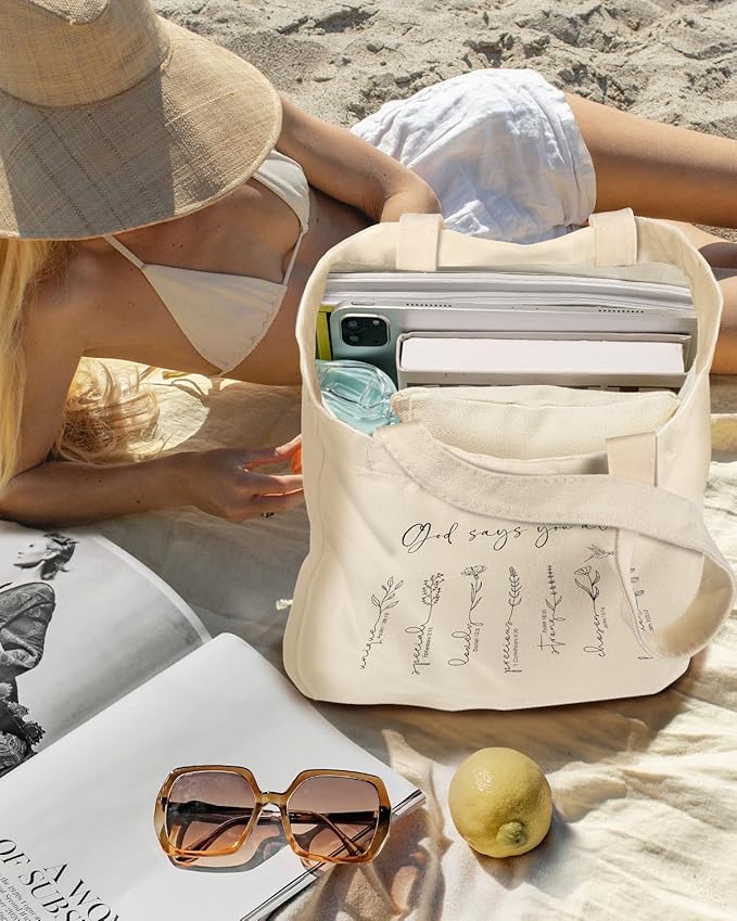 Miss Adola Aesthetic 2 Pack Canvas Tote Bag - with Makeup Zipper Pouch for Women Bag for Shopping, Gym, Travel, Vacation
