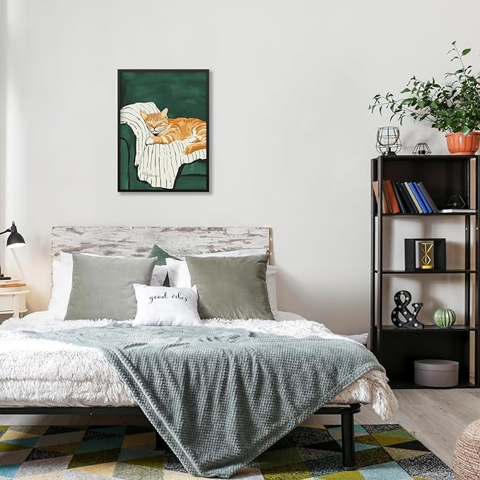 Sleeping Orange Cat poster Green Aesthetic Wall Art Preppy Funky Cute Animal Canvas Painting Gift For Cat Lover 08x10 inch Black Framed for Cozy Room Wall Decor
