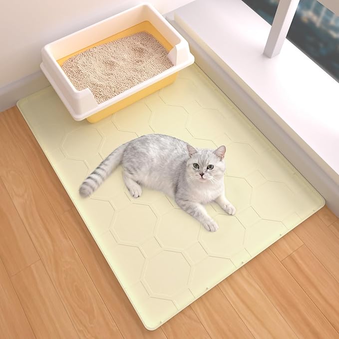 Silicone Cat Litter Mat for Litter Box-28" X 22" Litter Mat for Cat, Waterproof & Leak-Proof Trapping Design, Non-Slip Durable Easy to clean (Beige)