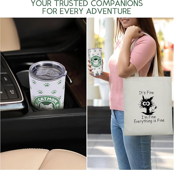 Cat Mom Gifts, Cat Lover Gifts for Women, 20 OZ Tumbler & Canvas Tote Bag - Funny Crazy Lady Birthday, Mothers Day, Cat Themed Gifts for Wife, Women Friend, Sister, Grandma