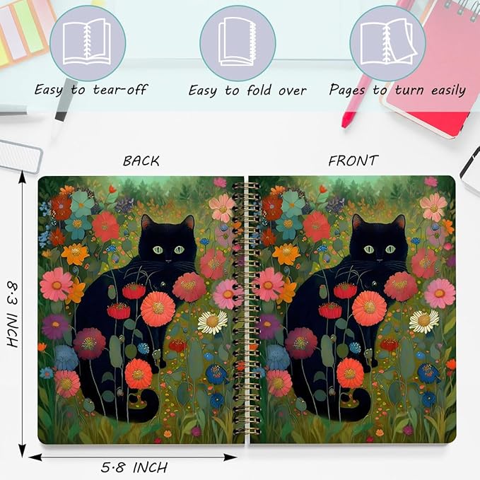 2 Packs, Cat Spiral Notebook Pretty Aesthetic College Ruled Journaling Notebooks Black Cat Lover Gifts for Women Teacher Friend Teens Notebook Journal, Journals for Writing Office Classroom Supplies