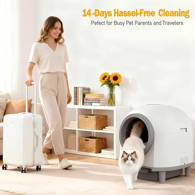 Automatic Self Cleaning Litter Box for Multiple Cats 90L Large Capacity, Smart Automatic Cat Litter Box with App Control, Health Monitoring, Integrated Safety Sensors, Odor Removal, Mat (White)