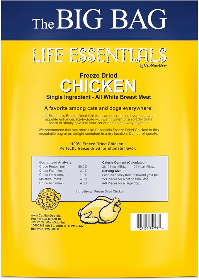 Life Essentials by Cat-Man-Doo Freeze Dried Chicken Dog & Cat Treats, Healthy Single Ingredient Training Treats for Dogs, Puppies & Cats, Made with Real Chicken – 16 oz