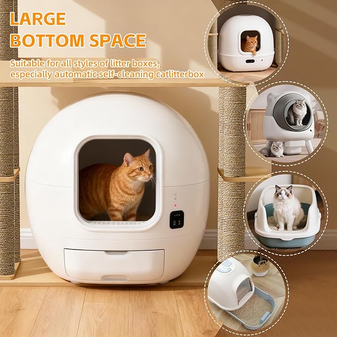 Wood Cat Tree for Automatic Litter Box, 60.2 Inch Tall Modern Cat Tree Tower with Litter Box Enclosure, Multi-Level Wooden Cats Tower Furniture with Scratching Posts, Condo House for Indoor Cats C3