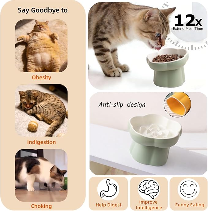 2PCS Ceramic Elevated Slow Feeder Cat Bowl,Anti Vomit Design for Whisker Fatigue Relief,Elevated Slow Feeder Bowls for Indoor Cats&Small Breeds,Perfect for Wet Food&Small Dogs (2, Purple&White)