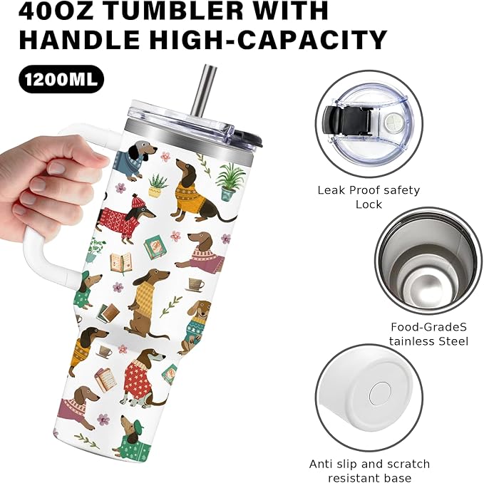 40oz Dachshund Tumbler with Handle and Straws, Leak-proof, Stainless Steel Insulated Travel Coffee Mug for Dachshund Lovers, Wiener Dog Enthusiasts Gifts for Women Men, Dachshunds Mom Dad Birthday Cup