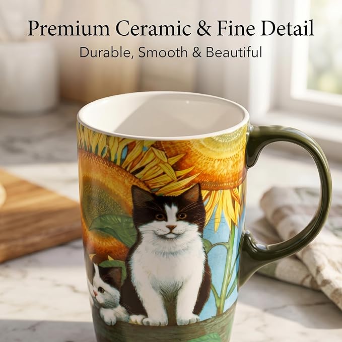 Topadorn Coffee Ceramic Mug 17oz Porcelain Latte Tea Cup With Lid, Perfect for Coffee and Tea, Holiday Gift Her Him, Cat