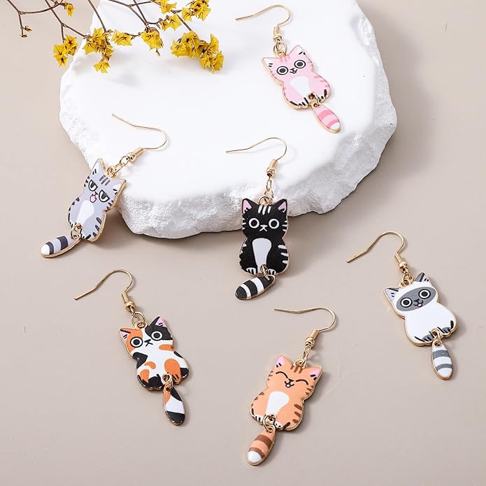 Nogeqi 6 Pairs Funny Cat Earrings for Women, Kawaii Cartoon Alloy Cute Drop Dangle Kitty Cat Earrings, Aesthetic Birthday Party Kitten Jewelry Gifts for Cats Lovers