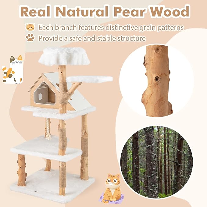 Tangkula Solid Wood Cat Tree, Modern Wooden Cat Tower with Jute Scratching Posts, 2 Perches, Condo, Sisal Rope, Soft Long Plush, 60 Inch Tall Cat Tree Tower for Indoor Cats Large Adult