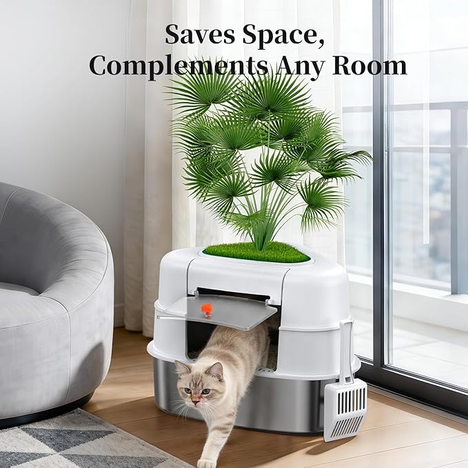 XXL Stainless Steel Corner Cat Litter Box with Lid, Enclosed Hidden Plant Litter Box with Artificial Plant, Easy-Clean Covered Decorative Litter Box for Large Cats, White