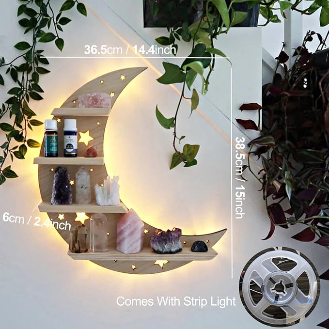 Crystal Display Shelf Wall Moon Shelves Luna Moth Hamsa Hand Holder Floating Wall Mounted Decorative Crystal Shelf (Wooden Moon-38.5 * 36.5cm/15 * 14.4inch)