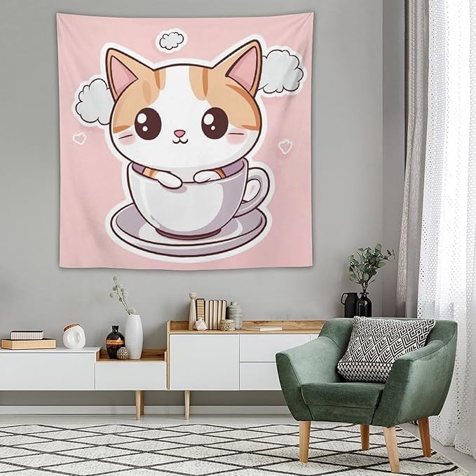 MaSiledy Kawaii Cat Wall Tapestries Animal Adorable Cat Tapestries for Bedroom Aesthetic Landscape Tapestry Wall Decor for Bedroom Living Room Dorm 60"x60" Tapestries for Bedroom Living Room Dorm