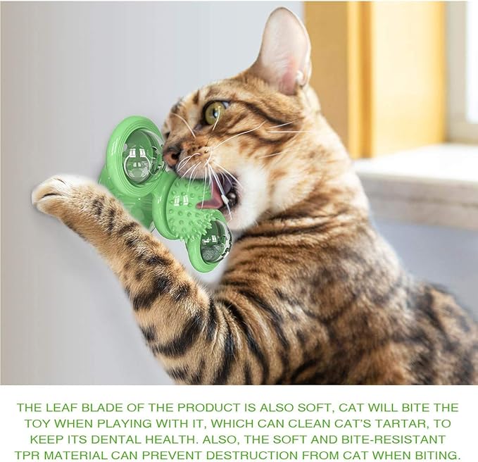 Interactive Windmill Cat Toys with LED Light Ball, Catnip, Suction Cup, Cat Exercise, Green