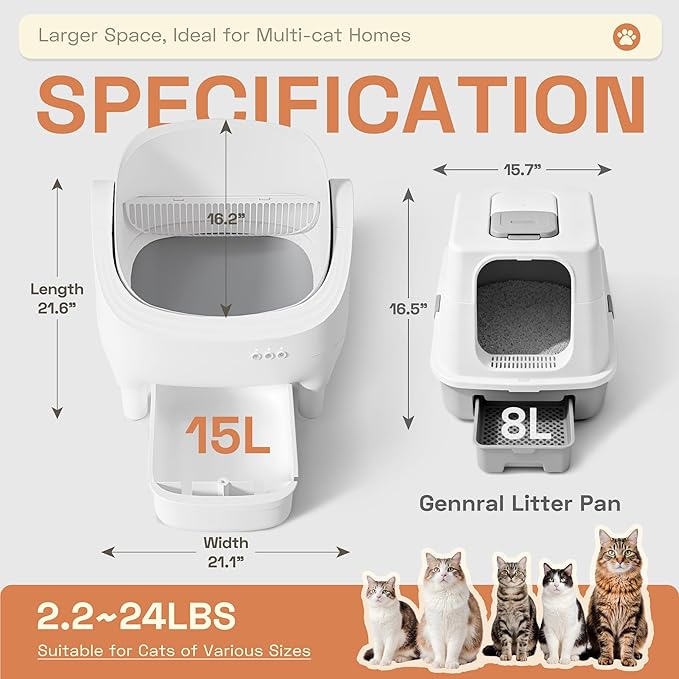WARCAT Litter Box – Electric Automatic Self-Cleaning, Open-Top Design, Smart APP Control, 15L Large Waste Bin, Easy Odor Control, Includes Trash Bags & Mat (White)